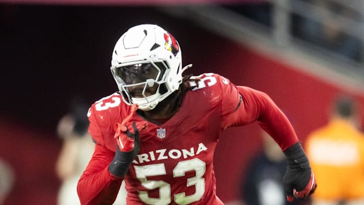 Jan 5, 2025; Glendale, Arizona, USA; Arizona Cardinals linebacker Baron Browning (53) against the San Francisco 49ers at State Farm Stadium. Mandatory Credit: Mark J. Rebilas-Imagn Images Jan 5, 2025; Glendale, Arizona, USA; Arizona Cardinals linebacker Baron Browning (53) against the San Francisco 49ers at State Farm Stadium. Mandatory Credit: Mark J. Rebilas-Imagn Images
