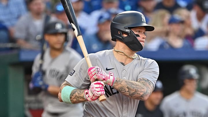 New York Yankees left fielder Alex Verdugo (24) singles in the fourth inning against the Kansas City Royals at Kauffman Stadium on June 11. New York Yankees left fielder Alex Verdugo (24) singles in the fourth inning against the Kansas City Royals at Kauffman Stadium on June 11.