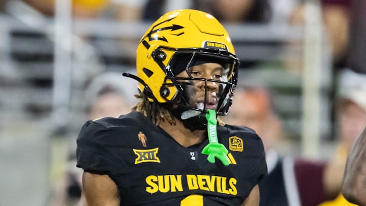 Oct 25, 2025; Tempe, Arizona, USA; Arizona State Sun Devils defensive back Keith Abney II (1) against the Houston Cougars at Mountain America Stadium. Mandatory Credit: Mark J. Rebilas-Imagn Images