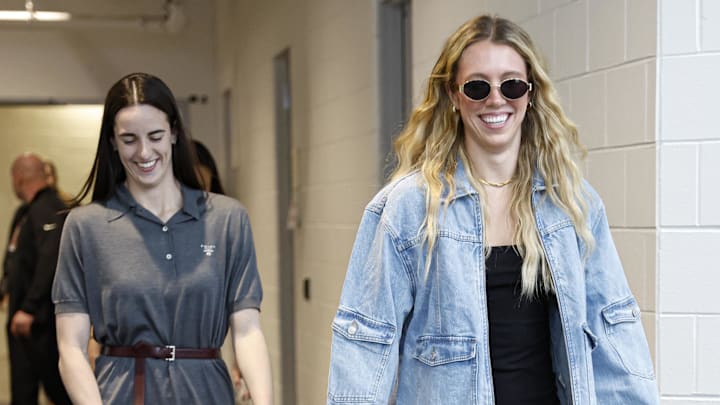 Indiana Fever guards Lexie Hull and Caitlin Clark arrive at Wintrust Arena before a basketball game against the Chicago Sky. 