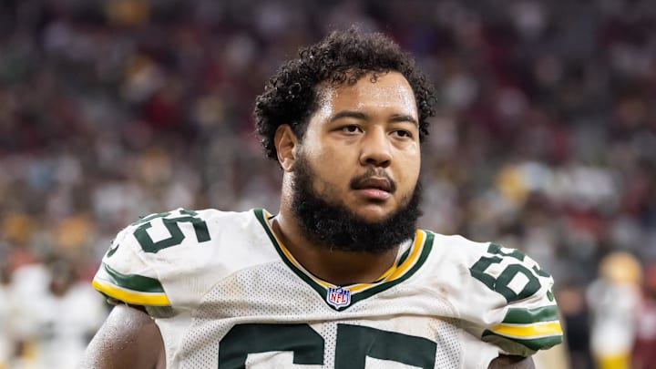 Oct 19, 2025; Glendale, Arizona, USA; Green Bay Packers guard Aaron Banks (65) against the Arizona Cardinals at State Farm Stadium. Mandatory Credit: Mark J. Rebilas-Imagn Images Oct 19, 2025; Glendale, Arizona, USA; Green Bay Packers guard Aaron Banks (65) against the Arizona Cardinals at State Farm Stadium. Mandatory Credit: Mark J. Rebilas-Imagn Images