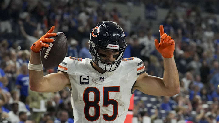 Cole Kmet celebrates in the end zone after a touchdown catch helped draw the Bears within 21-16 Sunday. Cole Kmet celebrates in the end zone after a touchdown catch helped draw the Bears within 21-16 Sunday.