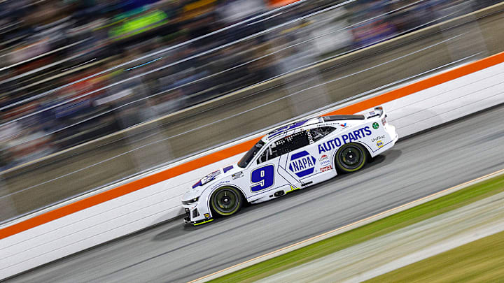 FEBRUARY 01: Chase Elliott, driver of the #9 NAPA Auto Parts Chevrolet drives during practice for the Cook Out Clash at Bowman Gray Stadium on February 01, 2025 in Winston Salem, North Carolina.