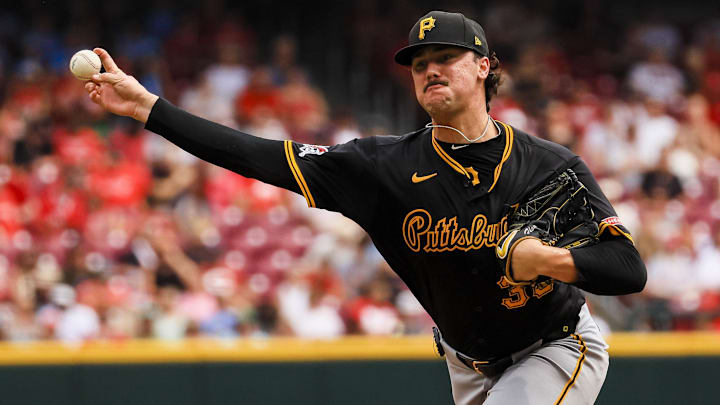 Pittsburgh Pirates starting pitcher Paul Skenes (30) pitches against the Cincinnati Reds in the third inning at Great American Ball Park. Pittsburgh Pirates starting pitcher Paul Skenes (30) pitches against the Cincinnati Reds in the third inning at Great American Ball Park.