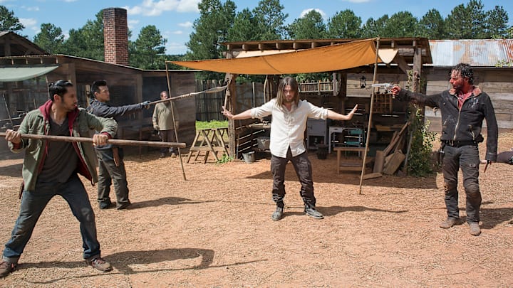 Peter Zimmerman as Eduardo, Rich Ceraulo as Guard, Tom Payne as Jesus, and Andrew Lincoln as Rick Grimes - The Walking Dead _ Season 6, Episode 11 - Photo Credit: Gene Page/AMC