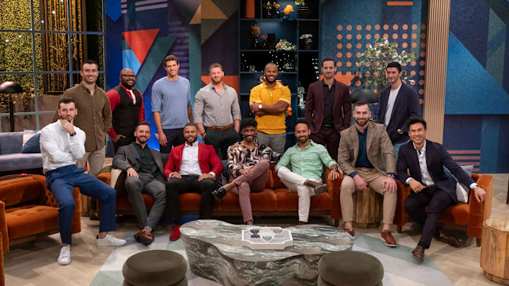 Love Is Blind. (L to R) Nick Dorka, Garrett Hoseman, Tamar Smith, Bohdan Olinares, Jason Drecchio, Tyler Frances, Stephen Richardson, Ramses Prashad, Timothee Godbee, David Romero, Perry Slomnicki, Nick Pugh, Leo Braudy, Ray Potterbaum in episode 701 of Love Is Blind. Cr. Adam Rose/Netflix © 2024