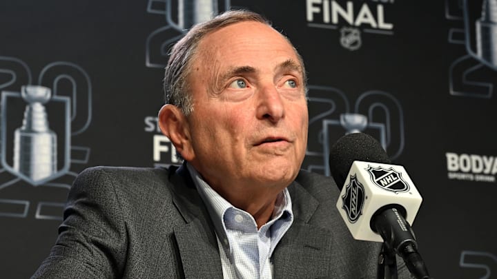 Jun 4, 2025; Edmonton, Alberta, CAN;  National Hockey League commissioner Gary Bettman speaks to the media before game one of the 2025 Stanley Cup Final between the Florida Panthers and the Edmonton Oilers at Rogers Place. Mandatory Credit: Walter Tychnowicz-Imagn Images