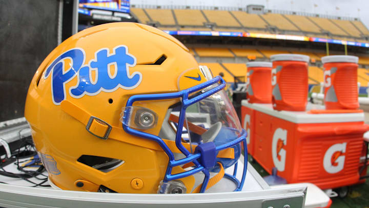Nov 16, 2024; Pittsburgh, Pennsylvania, USA;  A Pittsburgh Panthers helmet on the sidelines against the Clemson Tigers at Acrisure Stadium. Mandatory Credit: Charles LeClaire-Imagn Images