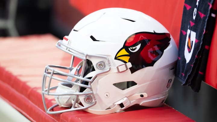 Jan 5, 2025; Glendale, Arizona, USA; Detailed view of an Arizona Cardinals helmet at State Farm Stadium. Mandatory Credit: Mark J. Rebilas-Imagn Images