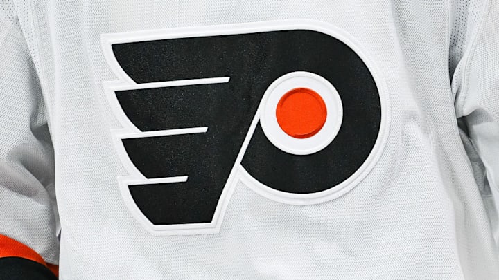 Mar 28, 2024; Montreal, Quebec, CAN; View of a Philadelphia Flyers logo on a jersey worn by a member of the team against the Montreal Canadiens during the second period at Bell Centre.