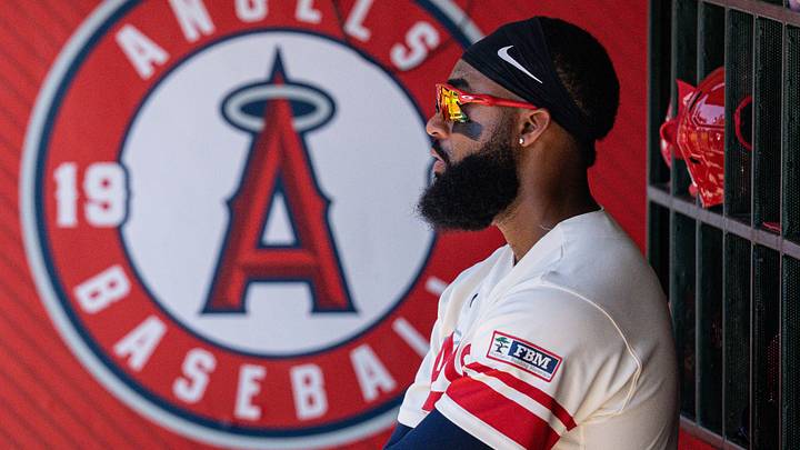 Aug 2, 2026: Los Angeles Angels right fielder Jo Adell (7) during a game against the Milwaukee Brewers at Angel Stadium. Credit: Jon Endow-Imagn Images