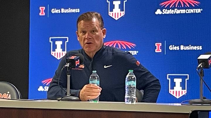 Illinois men's basketball coach Brad Underwood speaks to the media after the Illini's 92-65 exhibition win over Illinois State on Oct. 19 at the State Farm Center in Champaign, Illinois. Illinois men's basketball coach Brad Underwood speaks to the media after the Illini's 92-65 exhibition win over Illinois State on Oct. 19 at the State Farm Center in Champaign, Illinois.