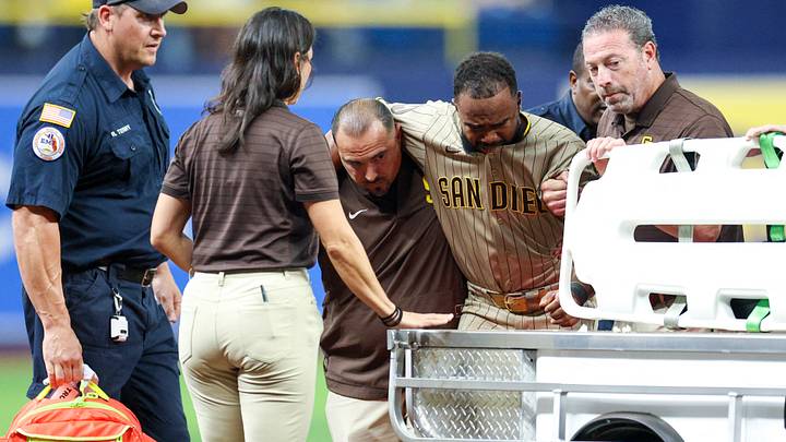 Aug 29, 2026; St. Petersburg, Florida, USA; San Diego Padres second baseman Luis Rengifo (21) is carted off the field against the Tampa Bay Rays in the seventh inning at Tropicana Field. Mandatory Credit: Nathan Ray Seebeck-Imagn Images Aug 29, 2026; St. Petersburg, Florida, USA; San Diego Padres second baseman Luis Rengifo (21) is carted off the field against the Tampa Bay Rays in the seventh inning at Tropicana Field. Mandatory Credit: Nathan Ray Seebeck-Imagn Images