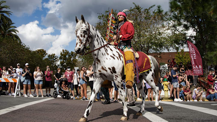 Osceola and Renegade lead the parade through the Florida State campus during the annual homecoming parade Friday, Oct. 22, 2021.

Fsu Homecoming Parade018