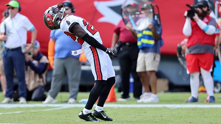 Oct 18, 2026; Tampa, Florida, USA;  Tampa Bay Buccaneers defensive back Keionte Scott (22) celebrates a sack during the second quarter against the Pittsburgh Steelers at Raymond James Stadium.  Mandatory Credit: Morgan Tencza-Imagn Images
