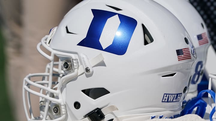 Sep 24, 2022; Lawrence, Kansas, USA; A general view of a Duke Blue Devils helmet against the Kansas Jayhawks during the second half of the game at David Booth Kansas Memorial Stadium. Mandatory Credit: Denny Medley-Imagn Images