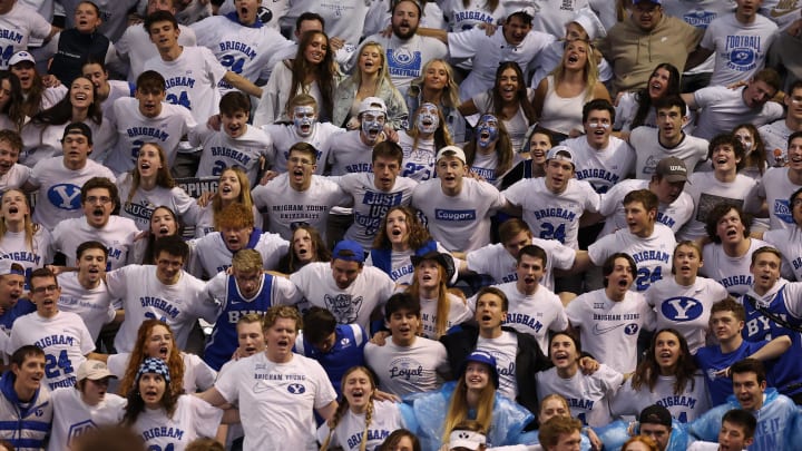 Feb 20, 2024; Provo, Utah, USA; The Brigham Young Cougars student section cheers before the game against the Baylor Bears at Marriott Center. Mandatory Credit: Rob Gray-USA TODAY Sports Feb 20, 2024; Provo, Utah, USA; The Brigham Young Cougars student section cheers before the game against the Baylor Bears at Marriott Center. Mandatory Credit: Rob Gray-USA TODAY Sports