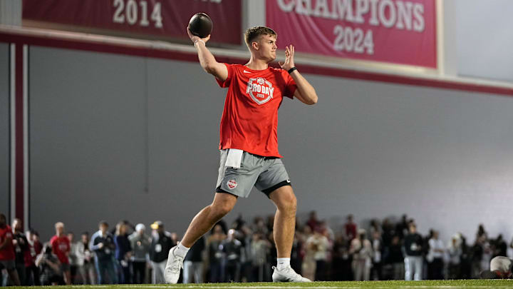 Ohio State Buckeyes quarterback Will Howard throws during the pro day for NFL scouts at the Woody Hayes Athletic Cente on March 26, 2025. Ohio State Buckeyes quarterback Will Howard throws during the pro day for NFL scouts at the Woody Hayes Athletic Cente on March 26, 2025.