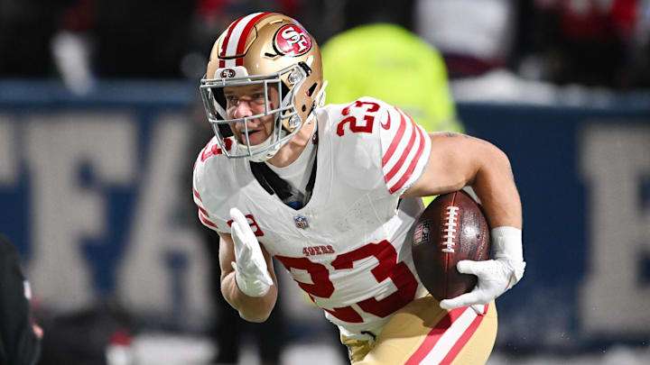 Dec 1, 2024; Orchard Park, New York, USA; San Francisco 49ers running back Christian McCaffrey (23) warms up before a game against the Buffalo Bills at Highmark Stadium. Mandatory Credit: Mark Konezny-Imagn Images