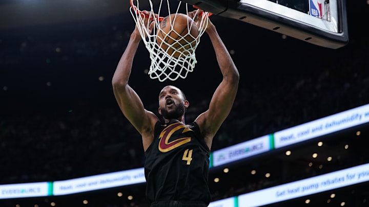 May 9, 2024; Boston, Massachusetts, USA; Cleveland Cavaliers forward Evan Mobley (4) makes the basket against the Boston Celtics in the first quarter during game two of the second round for the 2024 NBA playoffs at TD Garden. Mandatory Credit: David Butler II-USA TODAY Sports