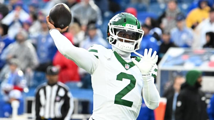 Dec 29, 2024; Orchard Park, New York, USA; New York Jets quarterback Tyrod Taylor (2) warms up before a game against the Buffalo Bills at Highmark Stadium. Mandatory Credit: Mark Konezny-Imagn Images