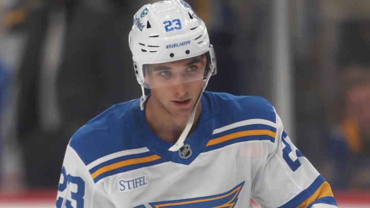 Oct 27, 2025; Pittsburgh, Pennsylvania, USA; St. Louis Blues defenseman Logan Mailloux (23) warms up against the Pittsburgh Penguins at PPG Paints Arena. Mandatory Credit: Charles LeClaire-Imagn Images Oct 27, 2025; Pittsburgh, Pennsylvania, USA; St. Louis Blues defenseman Logan Mailloux (23) warms up against the Pittsburgh Penguins at PPG Paints Arena. Mandatory Credit: Charles LeClaire-Imagn Images