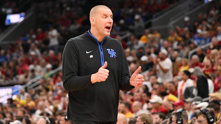 Mar 22, 2026; St. Louis, MO, USA; Kentucky Wildcats head coach Mark Pope reacts to a play during the first half against the Iowa State Cyclones during a second round game of the men's 2026 NCAA Tournament at Enterprise Center. Mandatory Credit: Jeff Curry-Imagn Images