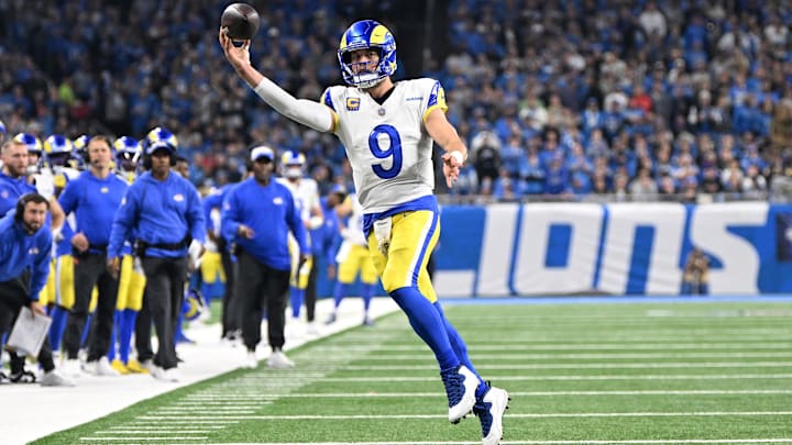 Jan 14, 2024; Detroit, Michigan, USA; Los Angeles Rams quarterback Matthew Stafford (9) throws