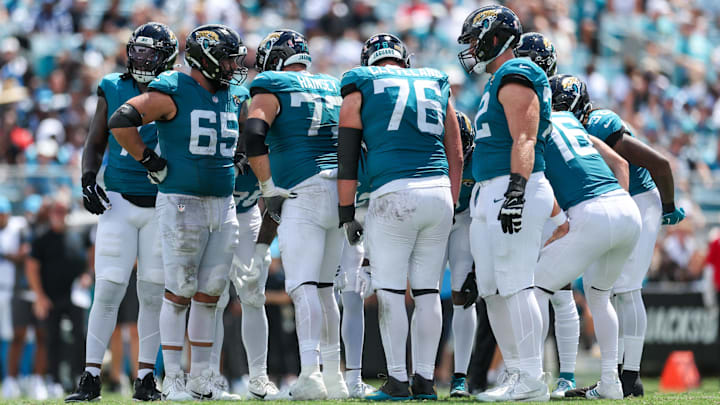 Sep 7, 2025; Jacksonville, Florida, USA; The Jacksonville Jaguars offense huddles during the first half of a game against the Carolina Panthers at EverBank Stadium. Mandatory Credit: Nathan Ray Seebeck-Imagn Images