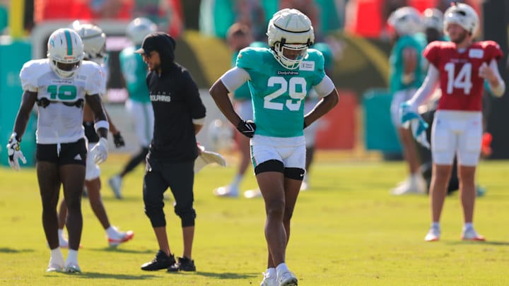 Miami Dolphins safety Minkah Fitzpatrick (29) walks on the field during training camp at Baptist Health Training Complex.