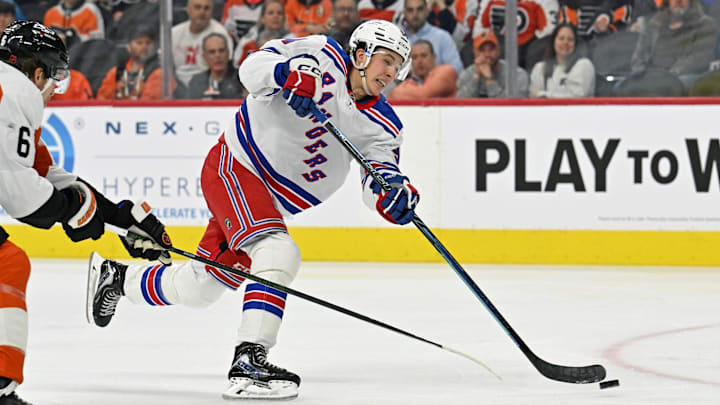Mar 9, 2026; Philadelphia, Pennsylvania, USA; New York Rangers right wing Gabe Perreault (94) takes a shot against the Philadelphia Flyers during the second period at Xfinity Mobile Arena. Mandatory Credit: Eric Hartline-Imagn Images