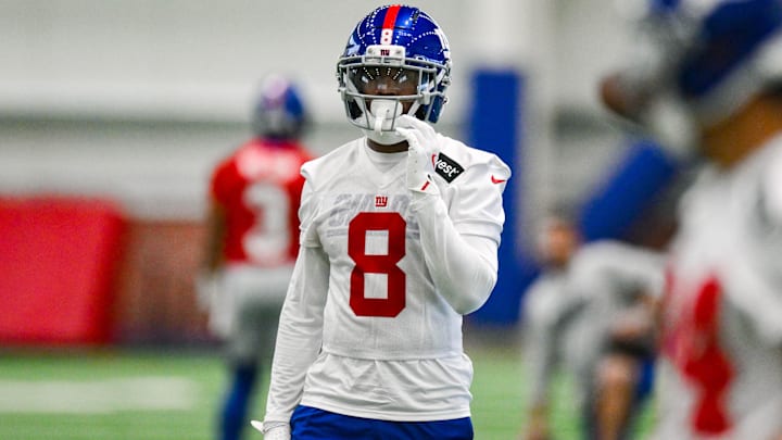 Jun 17, 2025; East Rutherford, NJ, USA; New York Giants safety Jevon Holland (8) participates in a drill during minicamp at Quest Diagnostics Training Center. 