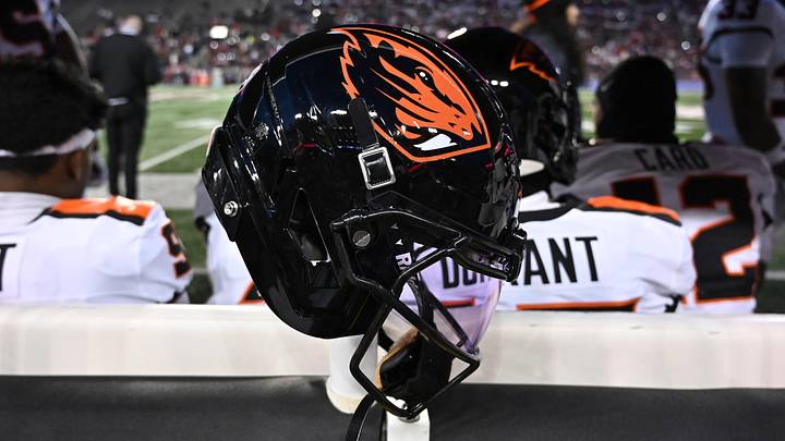 Nov 29, 2025; Pullman, Washington, USA; Oregon State Beavers helmet sits during a game against the Washington State Cougars in the first half at Gesa Field at Martin Stadium. Mandatory Credit: James Snook-Imagn Images