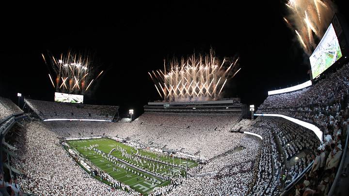 Fireworks are seen over an announced crowd of 111,015 during a White Out game between the Penn State Nittany Lions and the Oregon Ducks at Beaver Stadium. Fireworks are seen over an announced crowd of 111,015 during a White Out game between the Penn State Nittany Lions and the Oregon Ducks at Beaver Stadium.