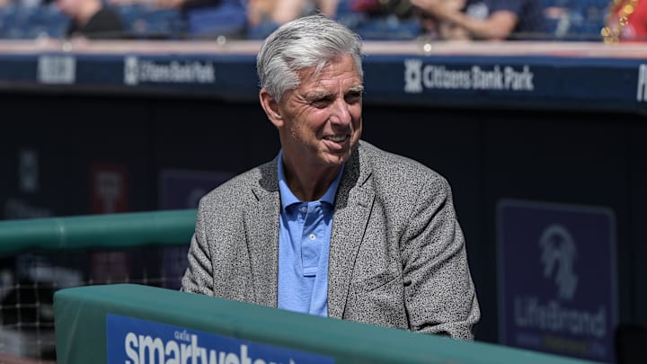 Jun 24, 2023; Philadelphia, Pennsylvania, USA; Philadelphia Phillies President of Baseball Operations Dave Dombrowski prior to the game against the New York Mets at Citizens Bank Park. Mandatory Credit: John Geliebter-Imagn Images Jun 24, 2023; Philadelphia, Pennsylvania, USA; Philadelphia Phillies President of Baseball Operations Dave Dombrowski prior to the game against the New York Mets at Citizens Bank Park. Mandatory Credit: John Geliebter-Imagn Images
