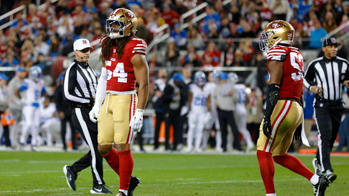 Dec 30, 2024; Santa Clara, California, USA; San Francisco 49ers linebacker Fred Warner (54) during the game against the Detroit Lions at Levi's Stadium. Mandatory Credit: Sergio Estrada-Imagn Images