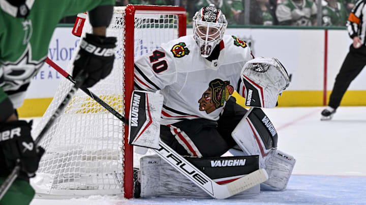 Nov 7, 2024; Dallas, Texas, USA; Chicago Blackhawks goaltender Arvid Soderblom (40) in action during the game between the Dallas Stars and the Chicago Blackhawks at the American Airlines Center. Mandatory Credit: Jerome Miron-Imagn Images