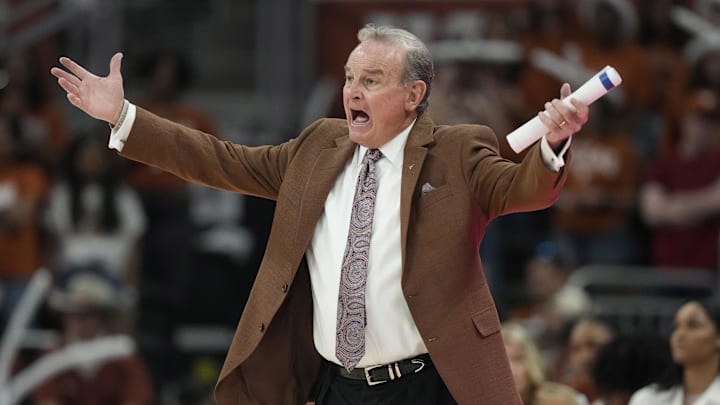 Mar 2, 2025; Austin, Texas, USA; Texas Longhorns head coach Vic Schaefer yells out to players during the second half against the Florida Gators at Moody Center. Mandatory Credit: Scott Wachter-Imagn Images