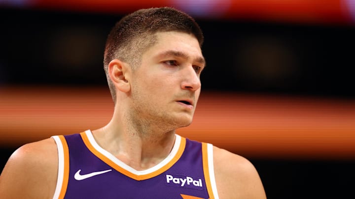 Feb 1, 2026; Phoenix, Arizona, USA; Phoenix Suns guard Grayson Allen (8) against the Los Angeles Clippers at Mortgage Matchup Center. Mandatory Credit: Mark J. Rebilas-Imagn Images