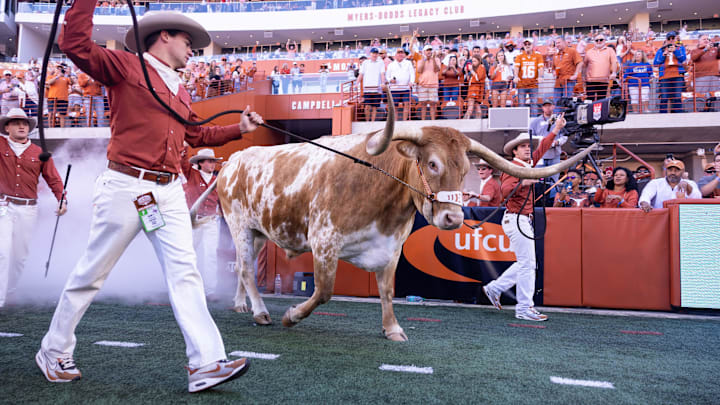 Bevo walks out of the tunnel before a game between Texas and Kentucky at Darrell K Royal-Texas Memorial Stadium.