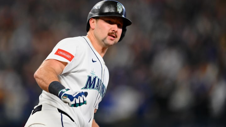 Seattle Mariners catcher Cal Raleigh (29) reacts after hitting a home run against the Toronto Blue Jays during the eighth inning during game five of the ALCS round for the 2025 MLB playoffs at T-Mobile Park.