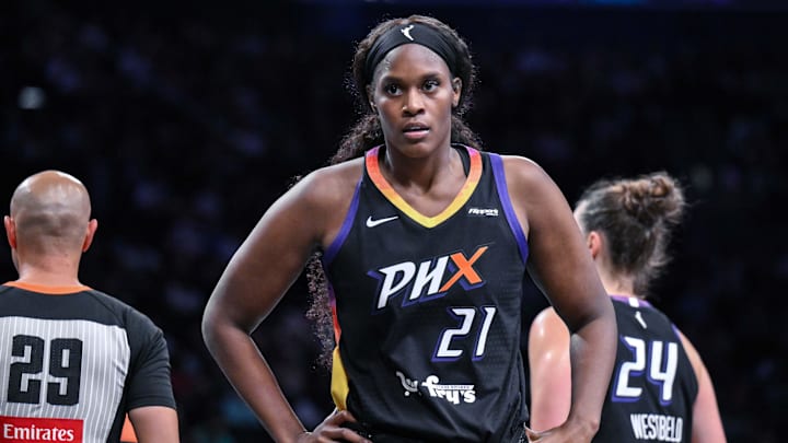 Jun 19, 2025; Brooklyn, New York, USA; Phoenix Mercury center Kalani Brown (21) during a game against the New York Liberty at Barclays Center. Mandatory Credit: John Jones-Imagn Images