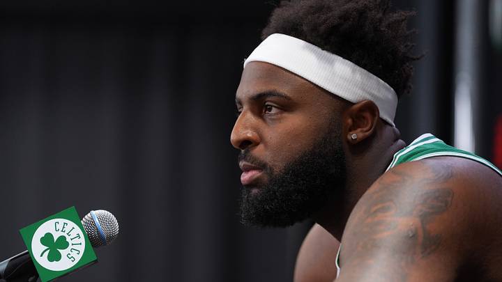 Sep 28, 2026; Boston, MA, USA; Boston Celtics center Mitchell Robinson (4) talks to reporters during media day at Auerbach Center. Mandatory Credit: David Butler II-Imagn Images