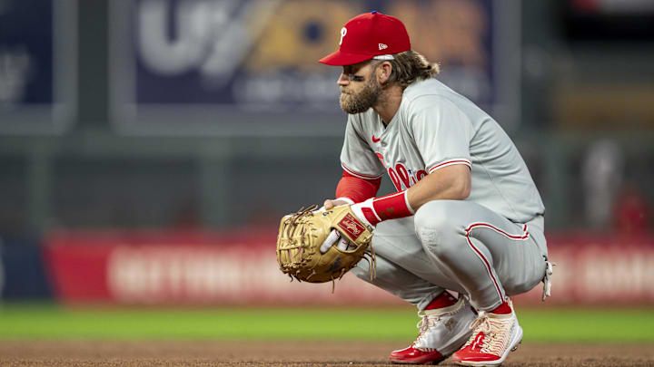 Jul 23, 2024; Minneapolis, Minnesota, USA; Philadelphia Phillies first baseman Bryce Harper (3) looks on against the Minnesota Twins in the eighth inning at Target Field. Mandatory Credit: Jesse Johnson-USA TODAY Sports
