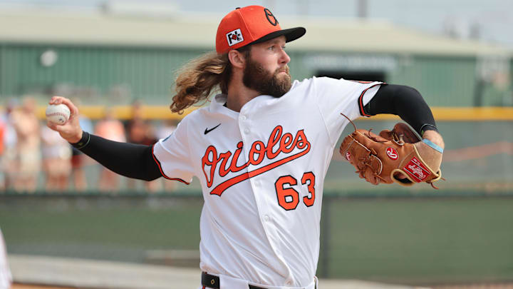 Baltimore Orioles pitcher Brandon Young (63) throws a bullpen session during spring training workouts at Ed Smith Stadium in Sarasota, Fla., on Feb. 16, 2025.