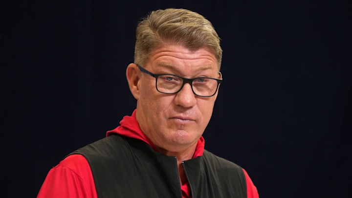 Feb 25, 2025; Indianapolis, IN, USA; Tampa Bay Buccaneers general manager Jason Licht speaks during the NFL Scouting Combine at the Indiana Convention Center. Mandatory Credit: Kirby Lee-Imagn Images