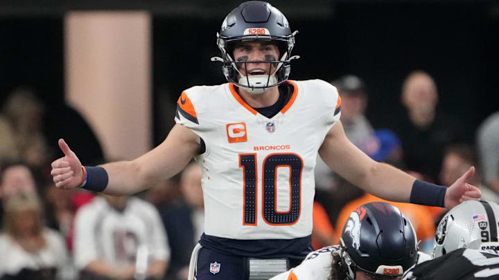 Nov 24, 2024; Paradise, Nevada, USA; Denver Broncos quarterback Bo Nix (10) gestures in the first half against the Las Vegas Raiders at Allegiant Stadium. Nov 24, 2024; Paradise, Nevada, USA; Denver Broncos quarterback Bo Nix (10) gestures in the first half against the Las Vegas Raiders at Allegiant Stadium.