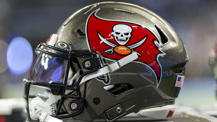 Oct 20, 2025; Detroit, Michigan, USA; The Tampa Bay Buccaneers helmet sits on an equipment locker before the game at Ford Field. Mandatory Credit: David Reginek-Imagn Images