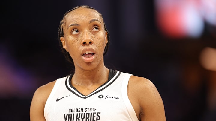 Jul 14, 2025; San Francisco, California, USA; Golden State Valkyries forward Kayla Thornton (5) between plays against the Phoenix Mercury during the fourth quarter at Chase Center. Mandatory Credit: Kelley L Cox-Imagn Images