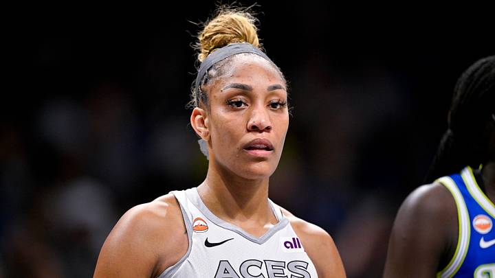 May 28, 2026; Arlington, Texas, USA; Las Vegas Aces center A'ja Wilson (22) looks on during the game between the Wings and the Aces at College Park Center. Mandatory Credit: Jerome Miron-Imagn Images